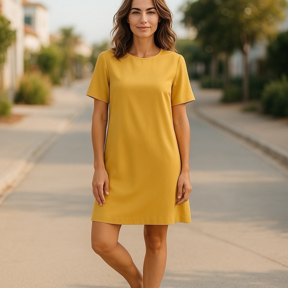 Ann Taylor Golden Yellow Short Sleeve Shift Dress Gold Button Accent NWT Size 10